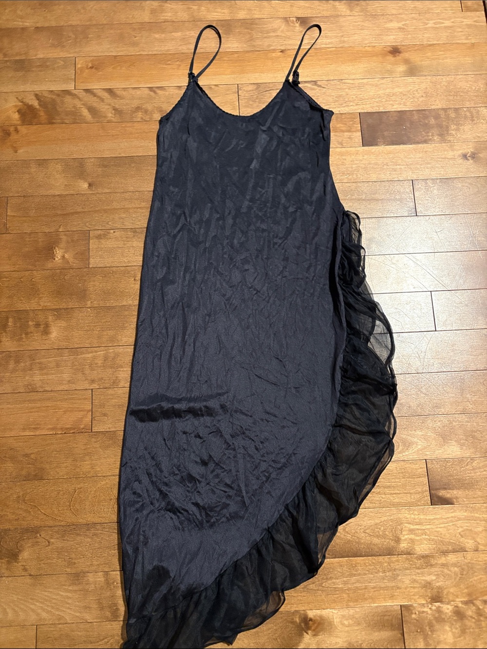 Vintage Black Asymmetrical Spaghetti Strap Dress with Ruffle Side